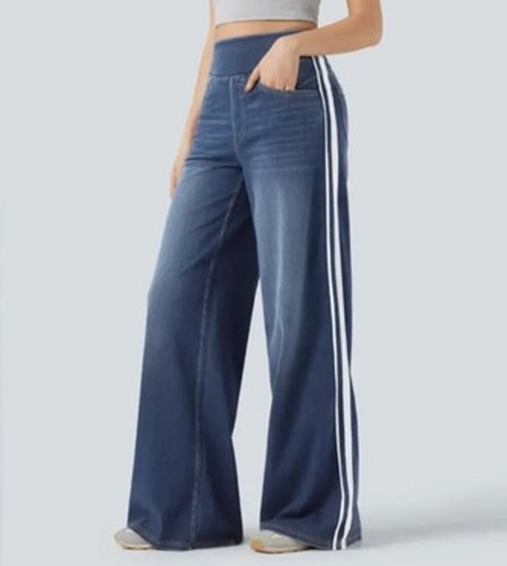 Halara Flex™ Jeans Hi Waisted Stripe Wide Leg Jeans Tide Blue NWT L